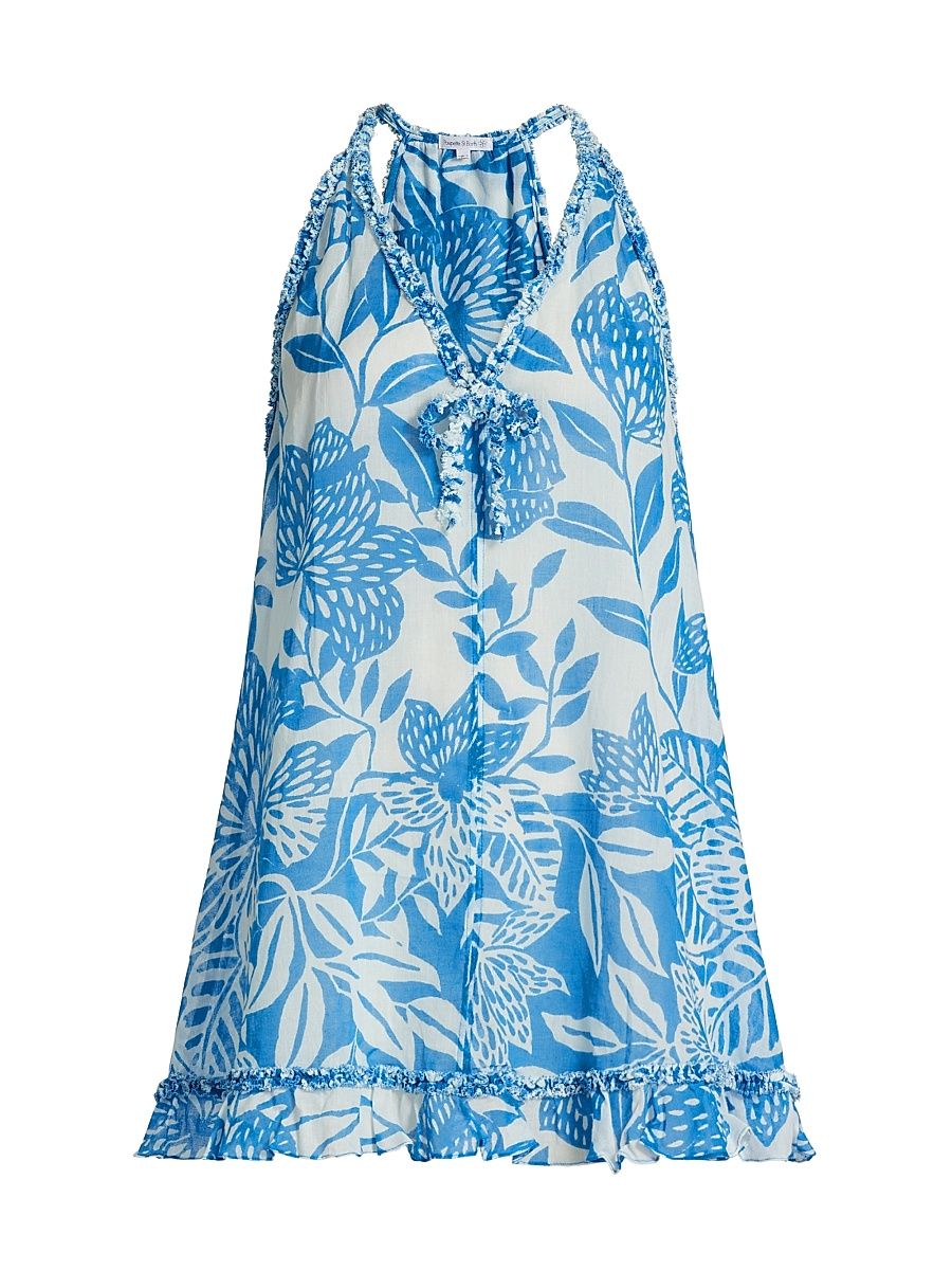 Women's Dalia Floral Cotton A-Line Minidress - White Blue Macro Stelis - Size XS