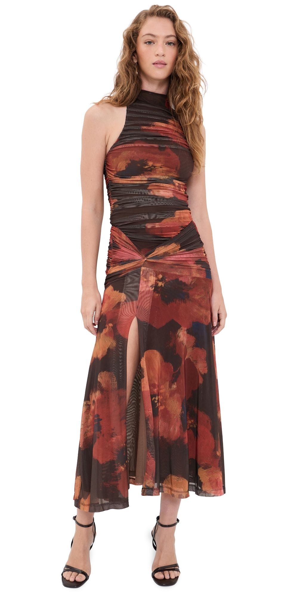 BARDOT Natalya Mesh Midi Dress Earth Red Floral 12