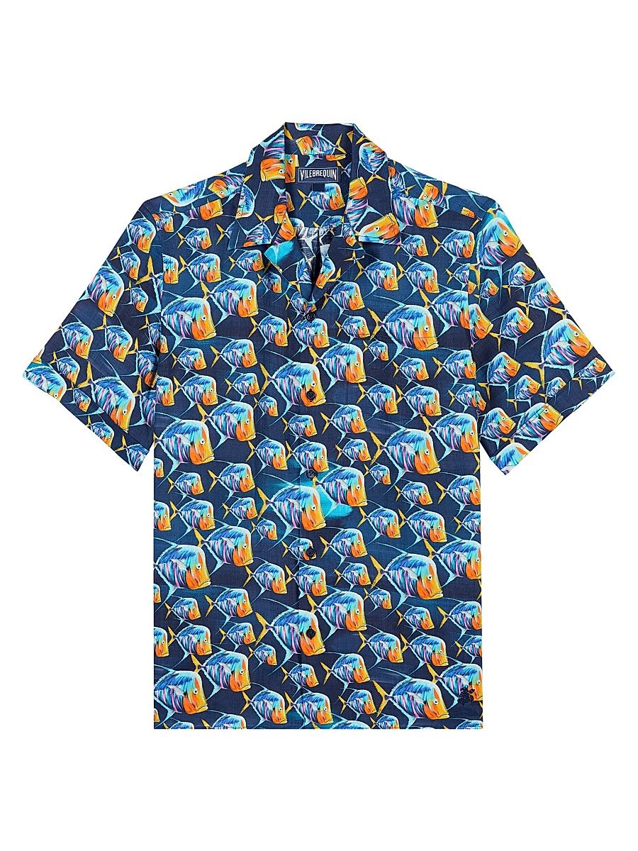 Men's Piranhas Linen Camp Shirt - Bleu Marine - Size Small