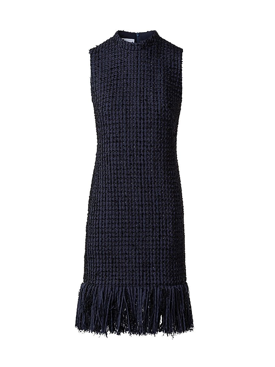 Women's Fringe-Trimmed Tweed Sheath Dress - Navy - Size 10