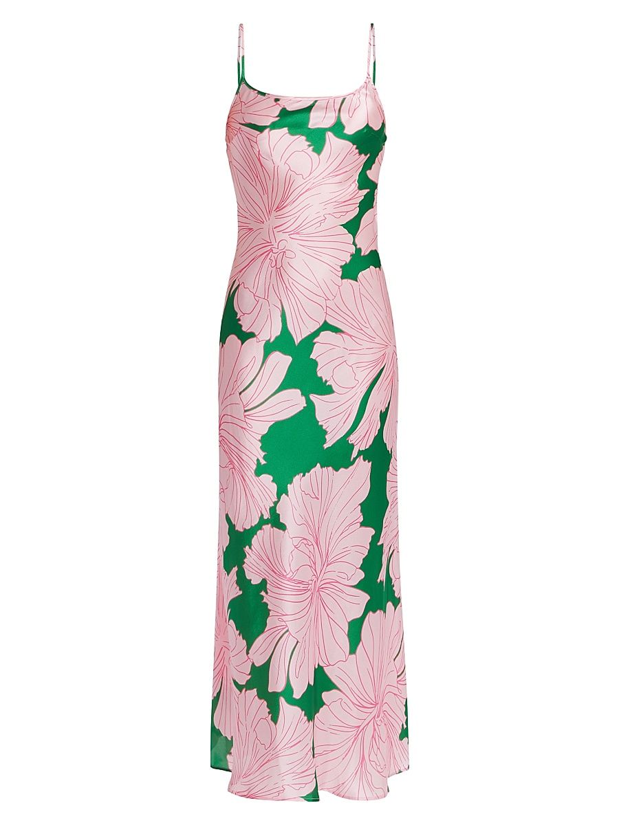 Women's Sophia Floral Silk Scoopneck Maxi Dress - Pink Green Floral - Size XL
