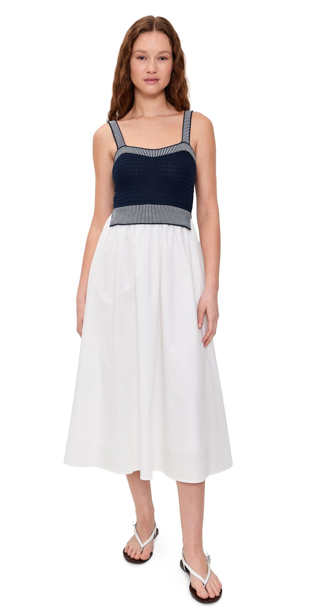 Moon River Mixed Media Knit Top Midi Dress Navy/Off White XS