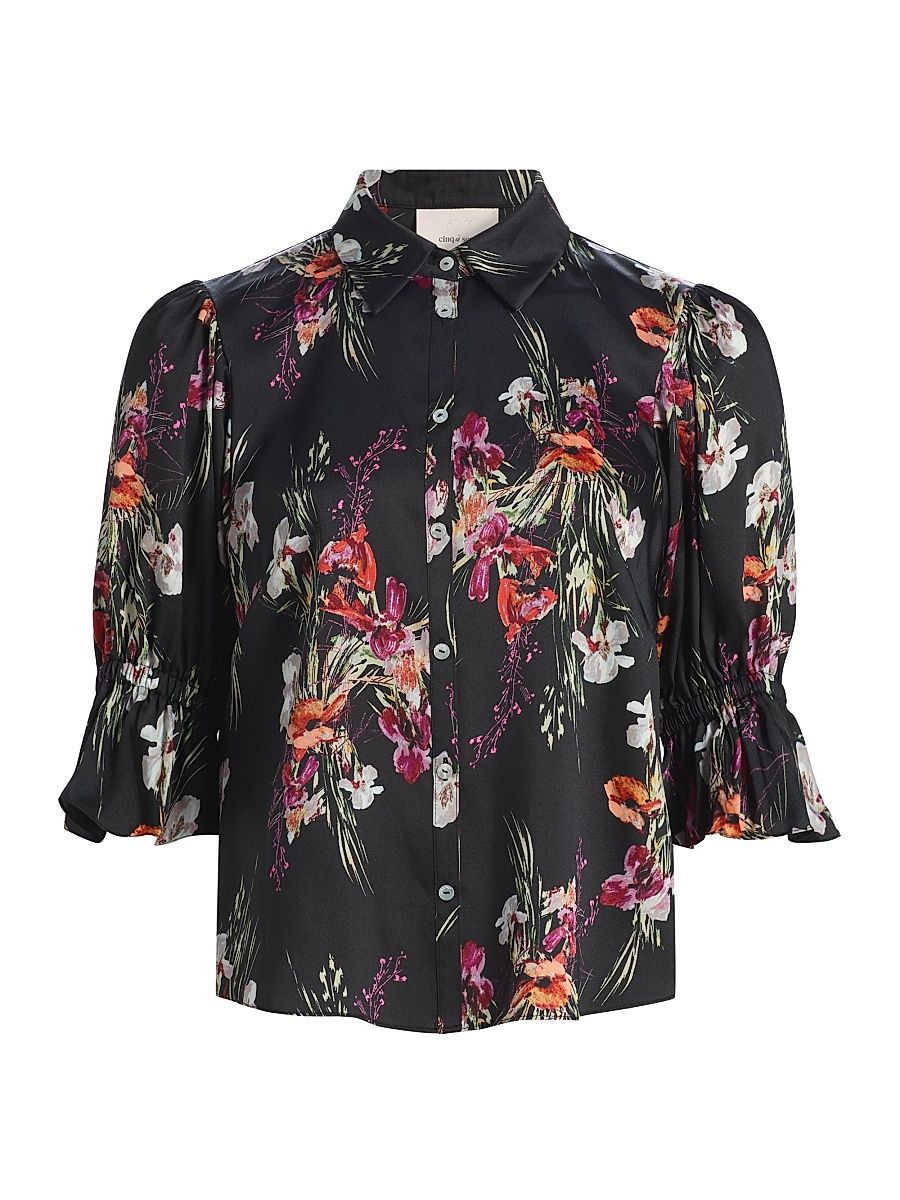 Women's Fiona Bouquet Puff-Sleeve Shirt - Black Multi - Size XL