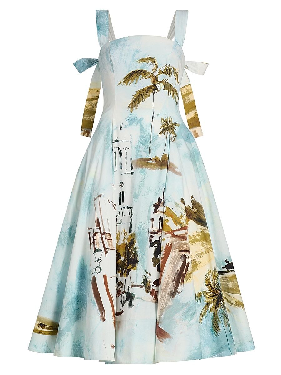 Women's Landscape-Print Cotton Poplin Midi-Dress - Blue Green Multi - Size 14