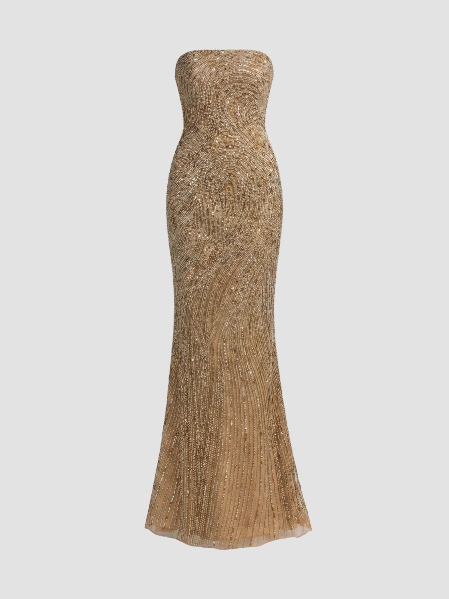Mac Duggal Women's Embellished Mesh Strapless Column Gown - Golden Pearl - Size 14