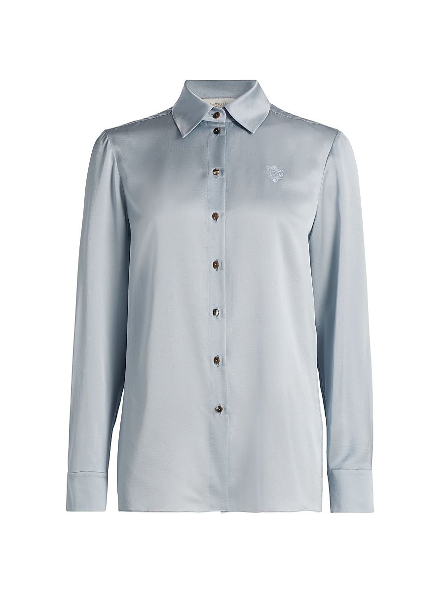 Women's Luna Silk Satin Button-Front Shirt - Powder Blue - Size 10