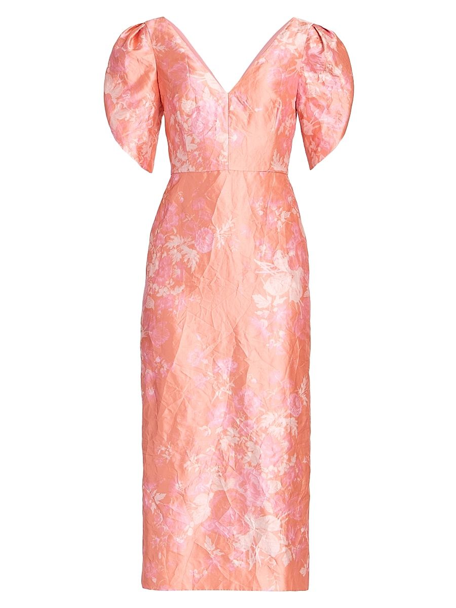 Women's Floral Textured Satin Midi-Dress - Rose Bouquet Peach Pink - Size 8