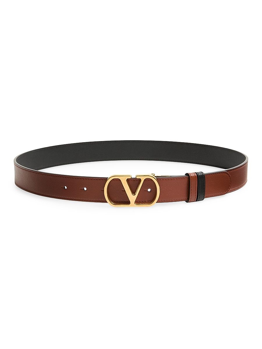 Women's Vlogo Signature Reversible Shiny Calfskin Belt 30MM - Black Deep Caramel - Size Large