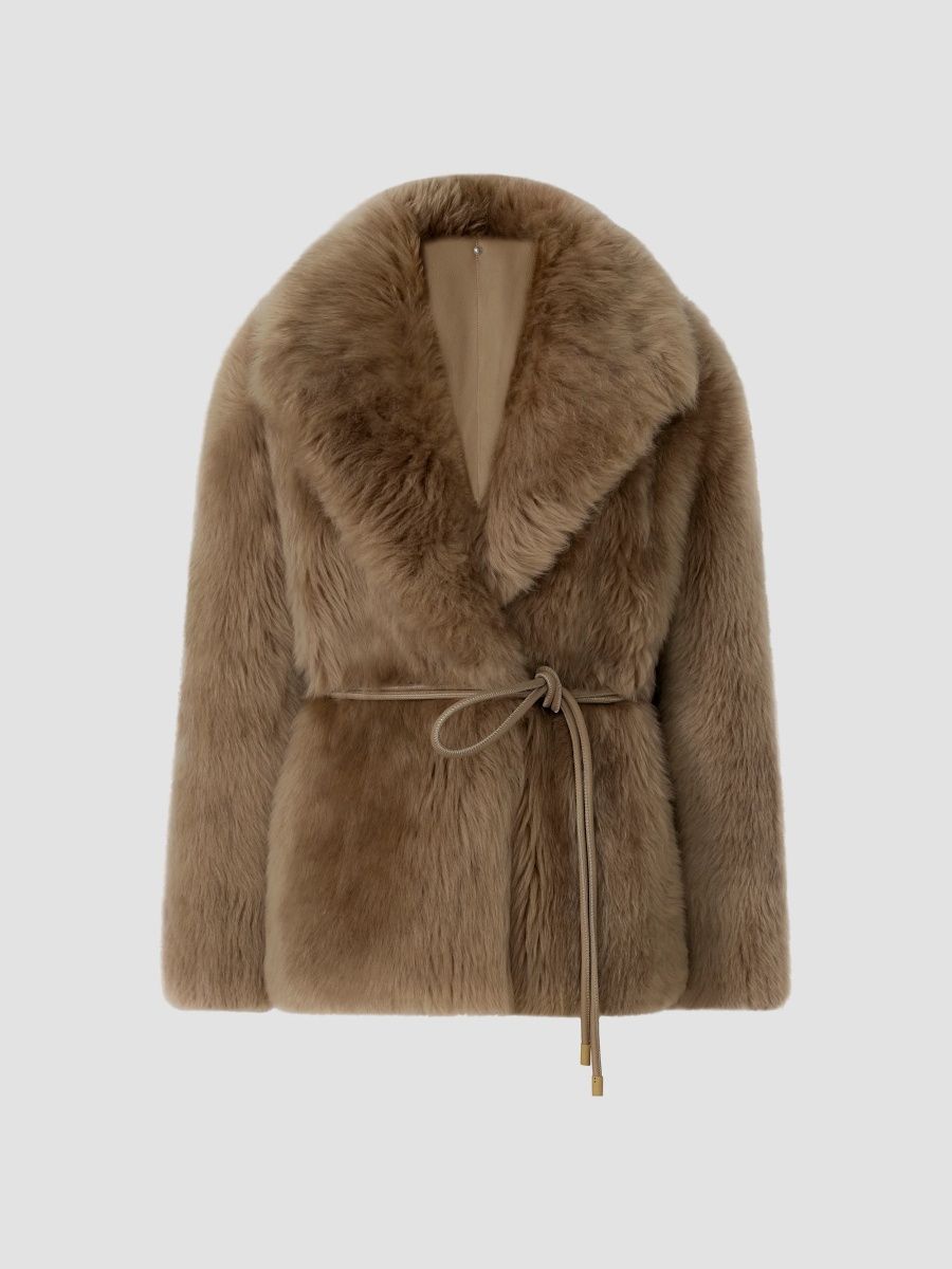 Mackage Women's Ali Rope-Belt Shearling Coat - Light Camel - Size Small