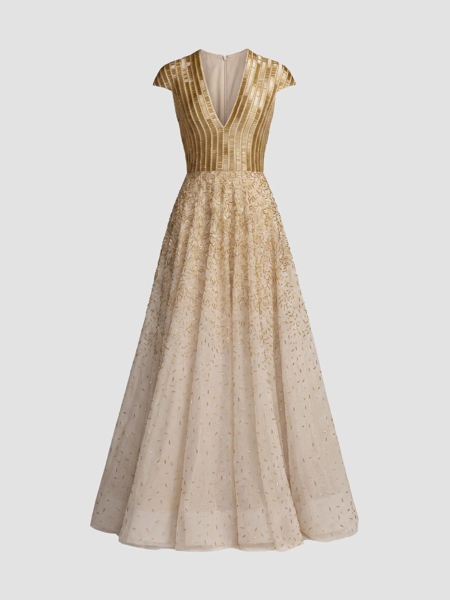 Mac Duggal Women's Embellished Mesh A-Line Gown - Gold - Size 16