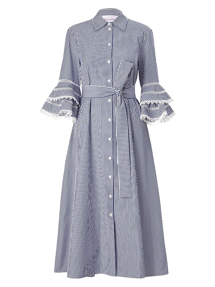 Women's Cabana Tiered Ruffled Tie-Waist Shirtdress - White Blue - Size 8