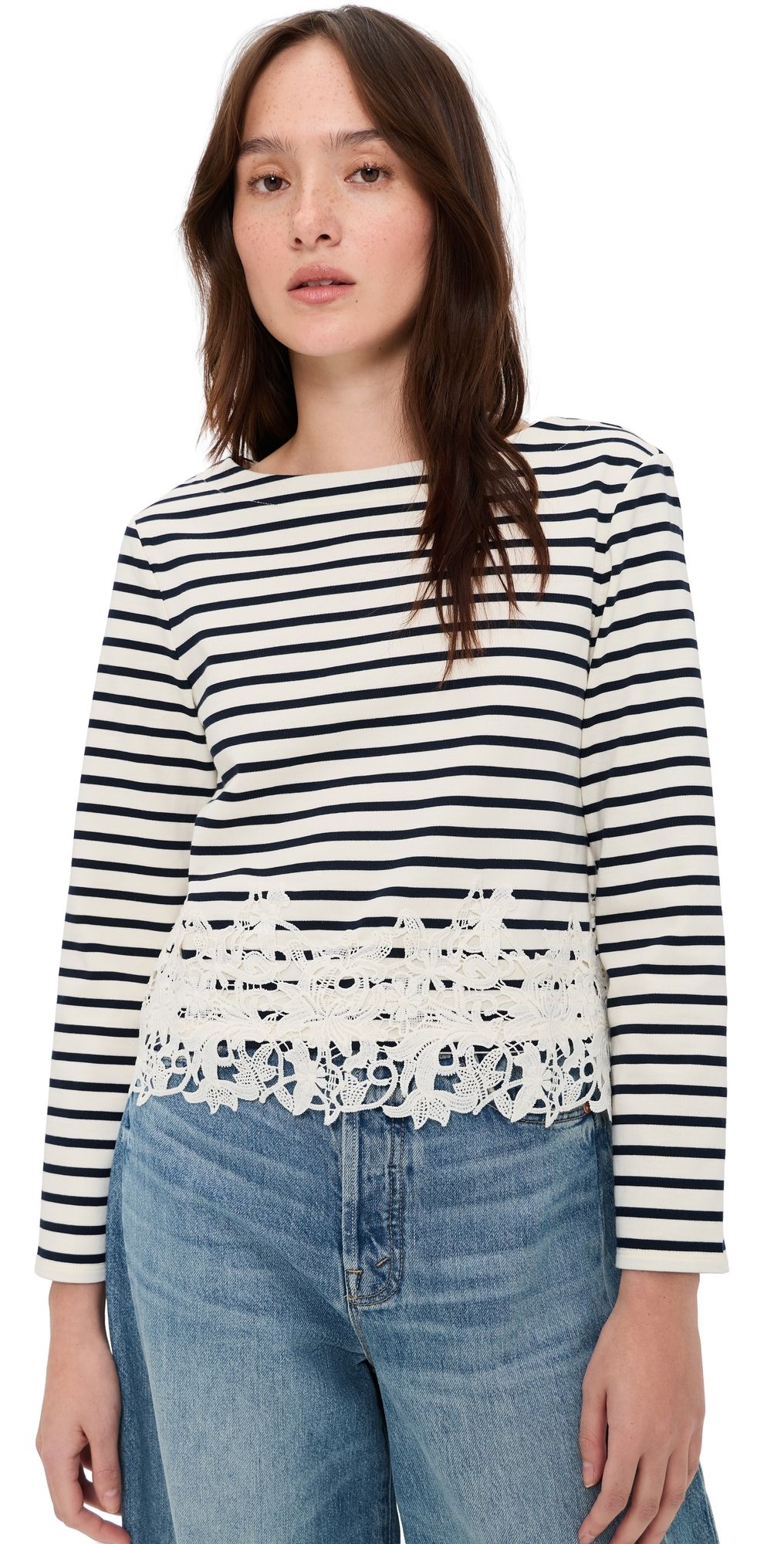 Veronica Beard Jean Hovey Top with Lace Dove/Navy Stripe S