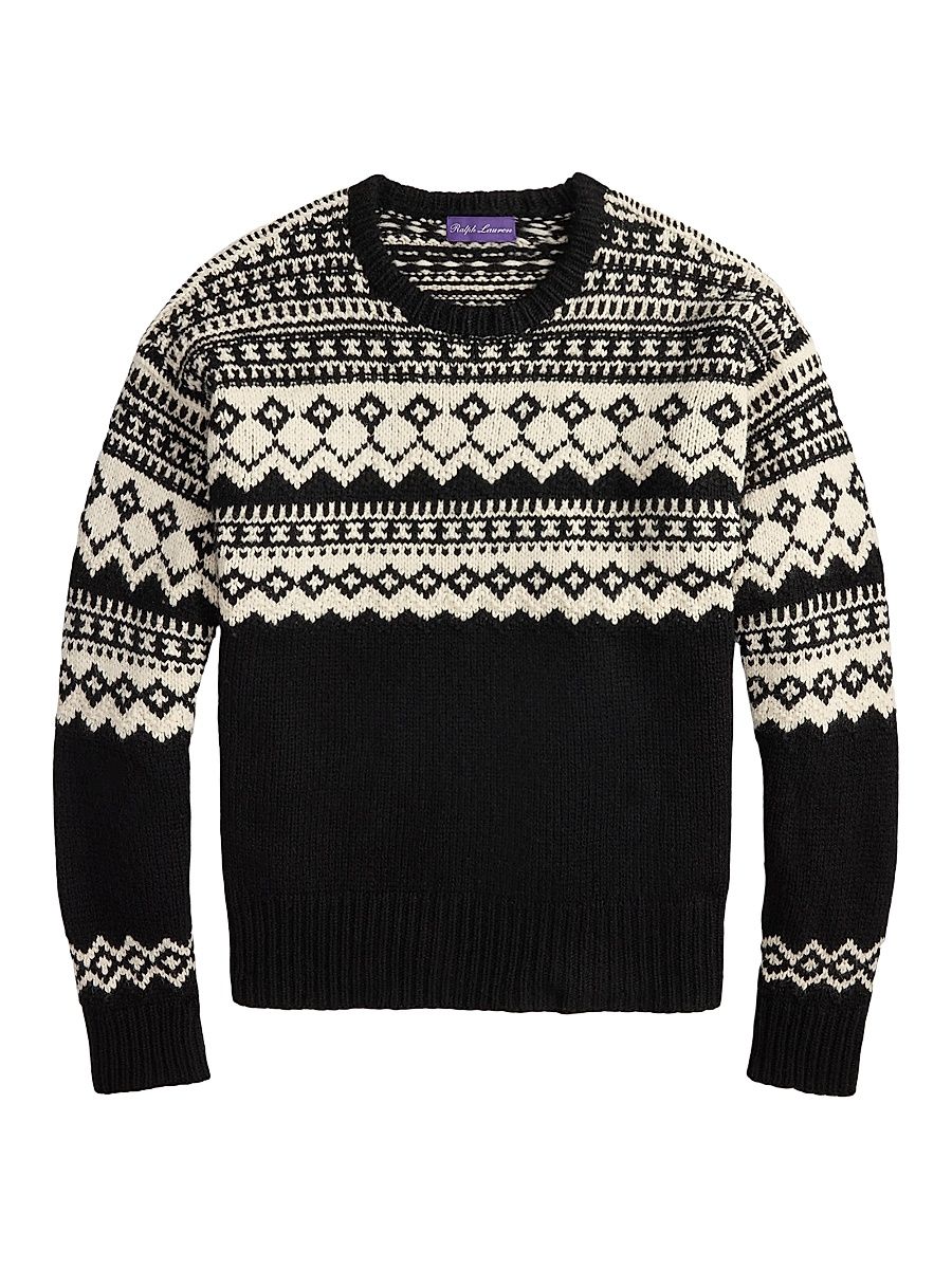Men's Fair Isle-Style Cashmere Crewneck Sweater - Classic Black Cream - Size XXL