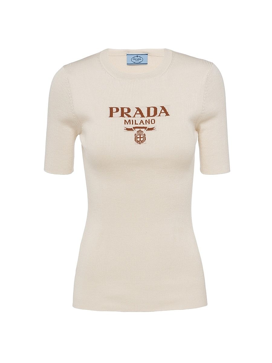 Women's Silk Crewneck Sweater with Logo - Beige - Size 8