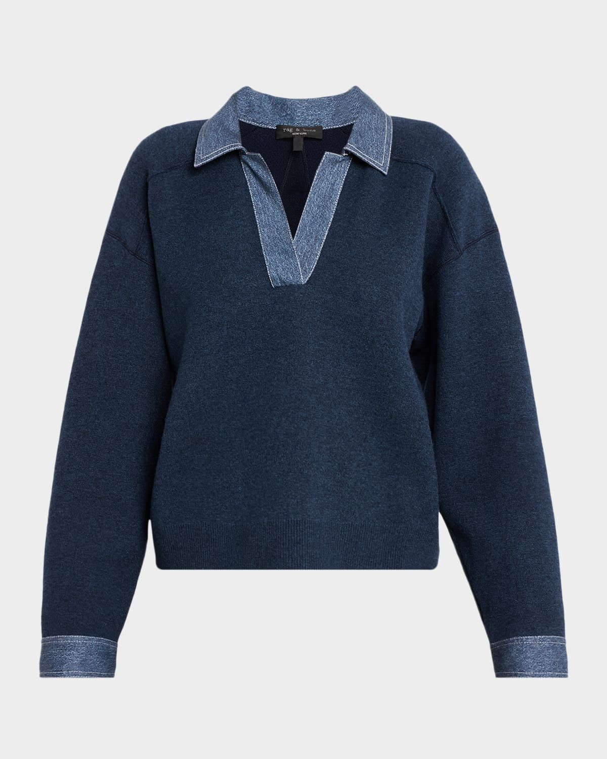 Marie Denim-Trim Polo Sweater