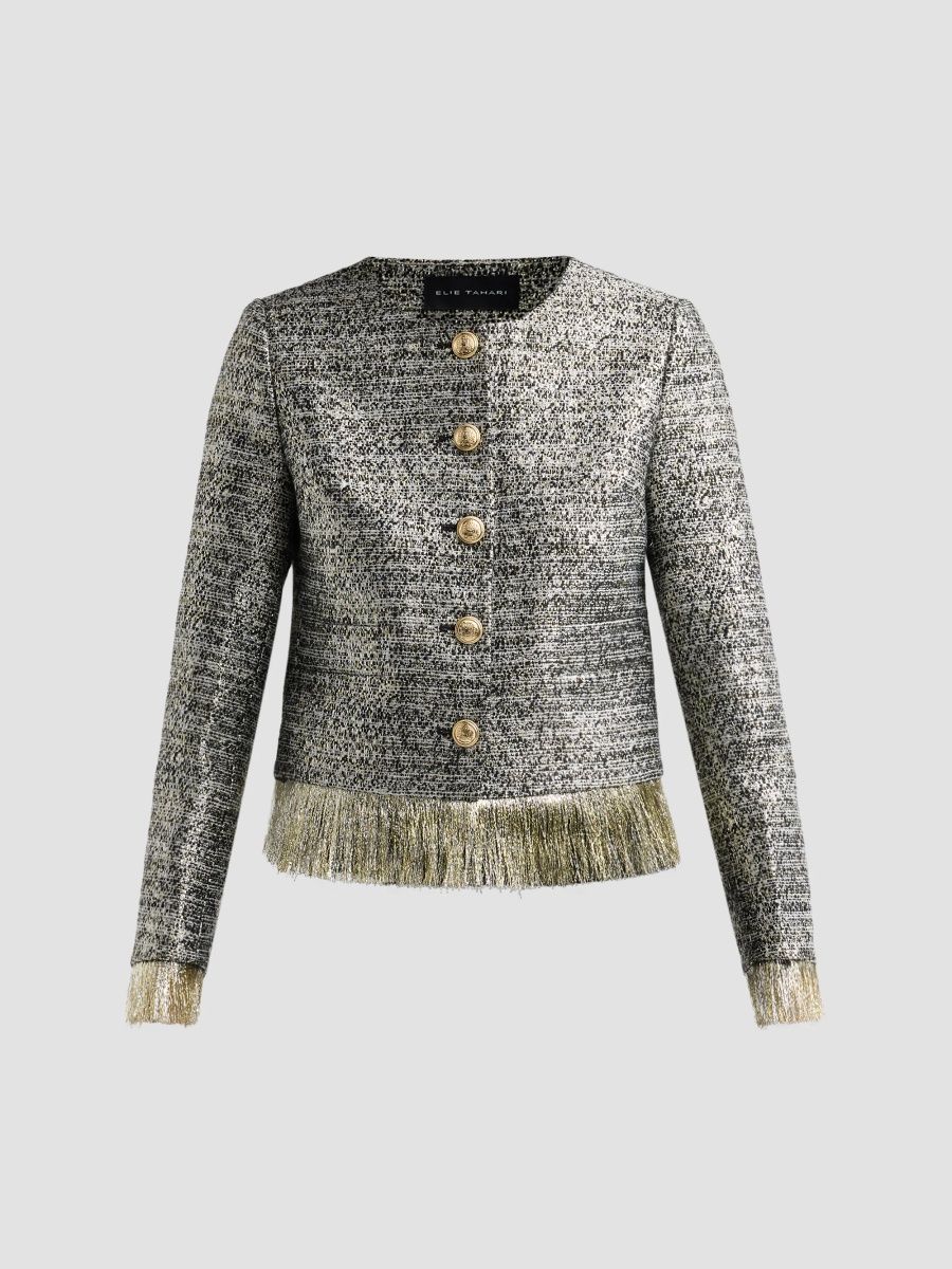 Elie Tahari Women's Lia Feather-Hem Metallic Crop Jacket - Multi Lurex - Size XL