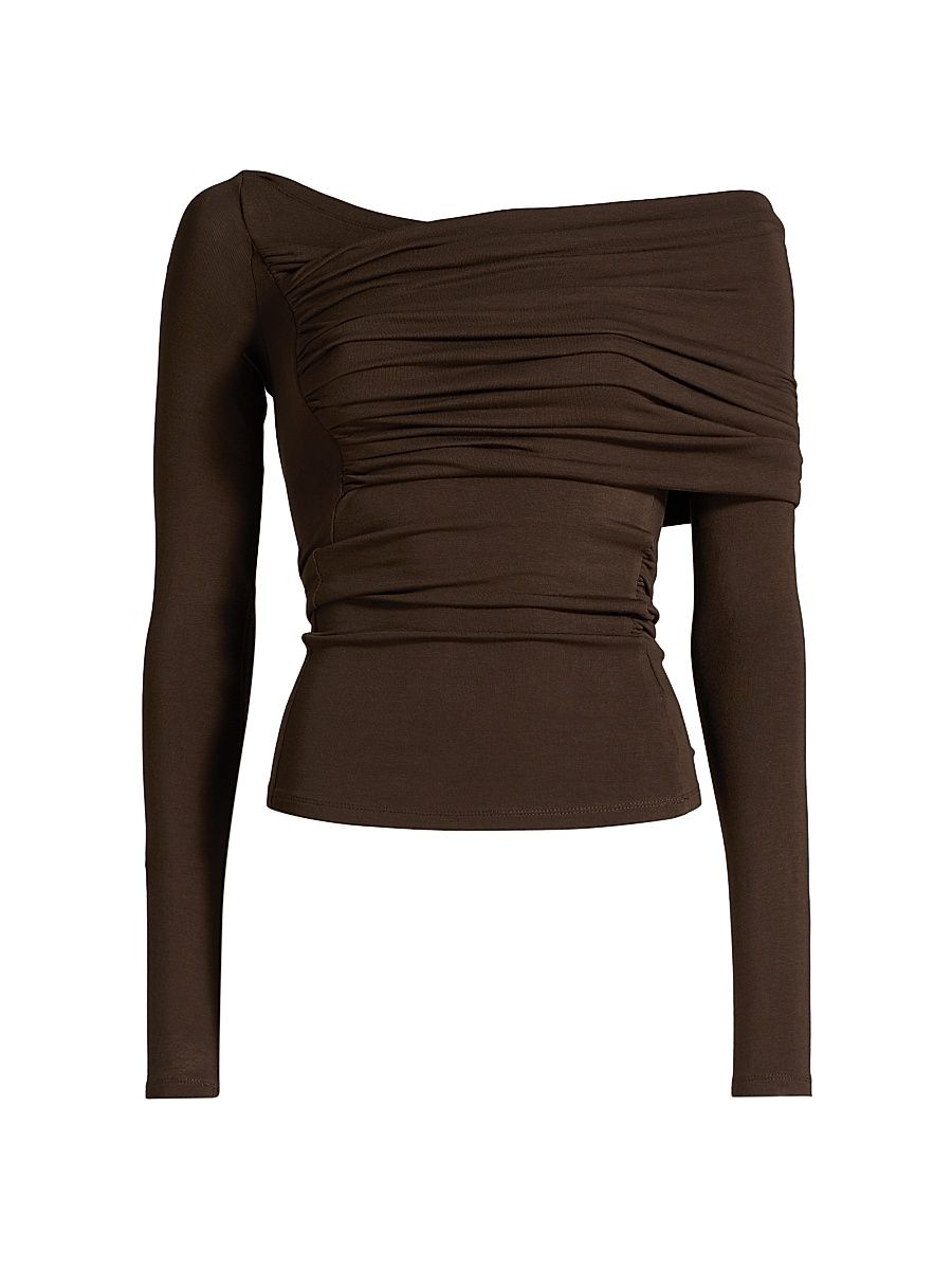 Women's Maple Ruched One-Shoulder Long-Sleeve Top - Chocolate - Size Large