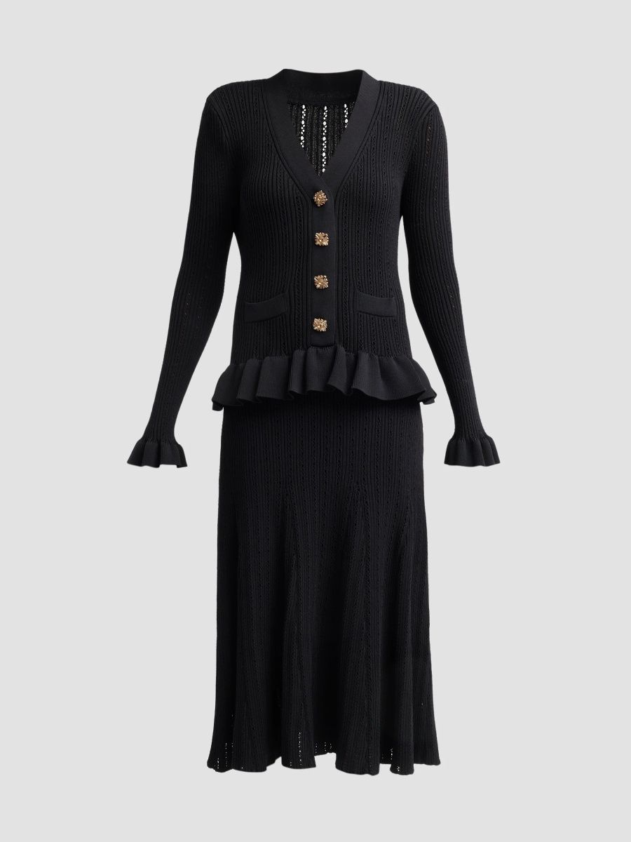Teri Jon by Rickie Freeman Women's Knitted Peplum Cocktail Midi Dress - Black - Size Small