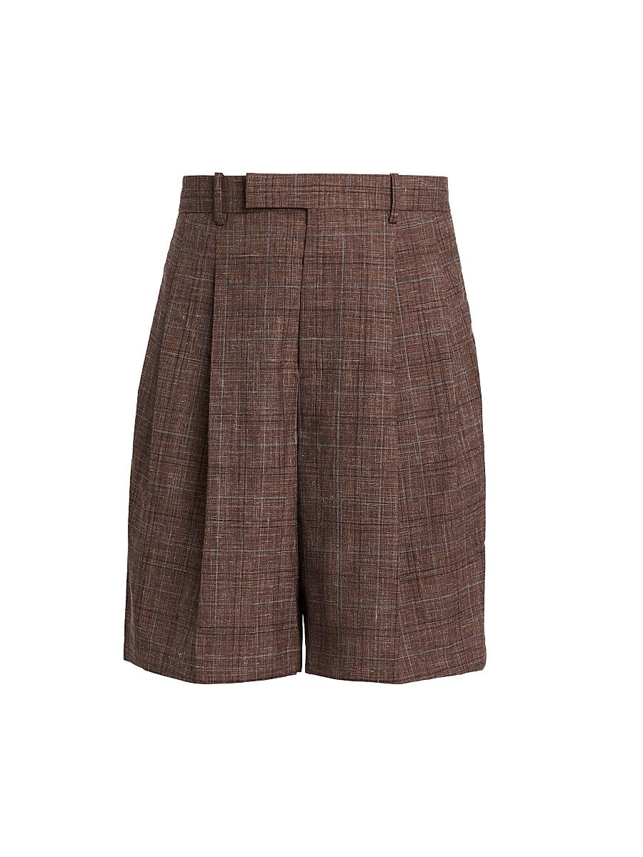 Men's Check Wool-Linen Relaxed-Fit Trouser-Style Shorts - Marron - Size 38