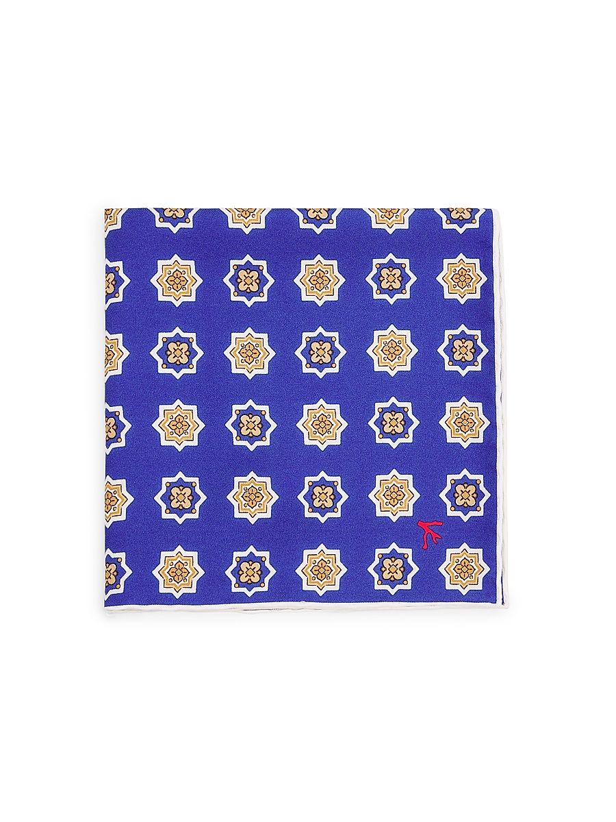 Men's Foulard Medallion Silk Pocket Square - Bright Blue