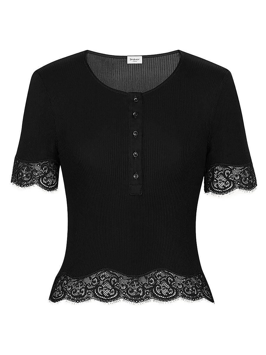 Saint Laurent Women's Laced T-Shirt in Ribbed Silk Jersey - Noir - Size Large