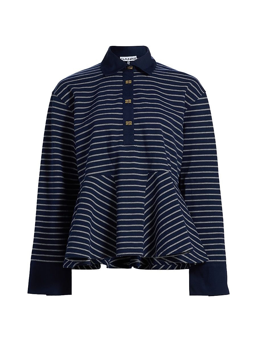 Women's Striped Single Piqué Cotton Peplum Top - Sky Captain - Size XXS