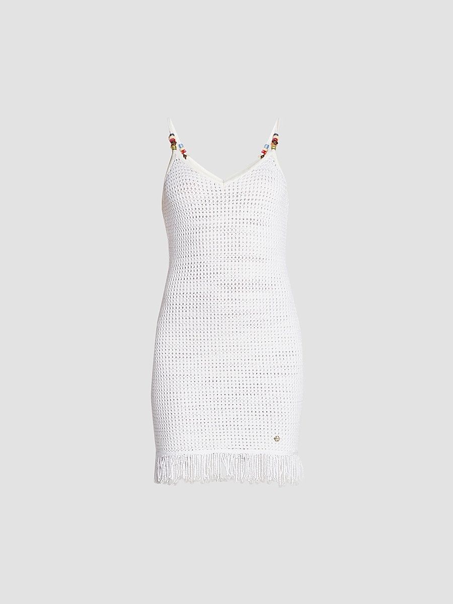 Women's Perforated Cotton-Blend Knit Fringe Minidress - White - Size XL