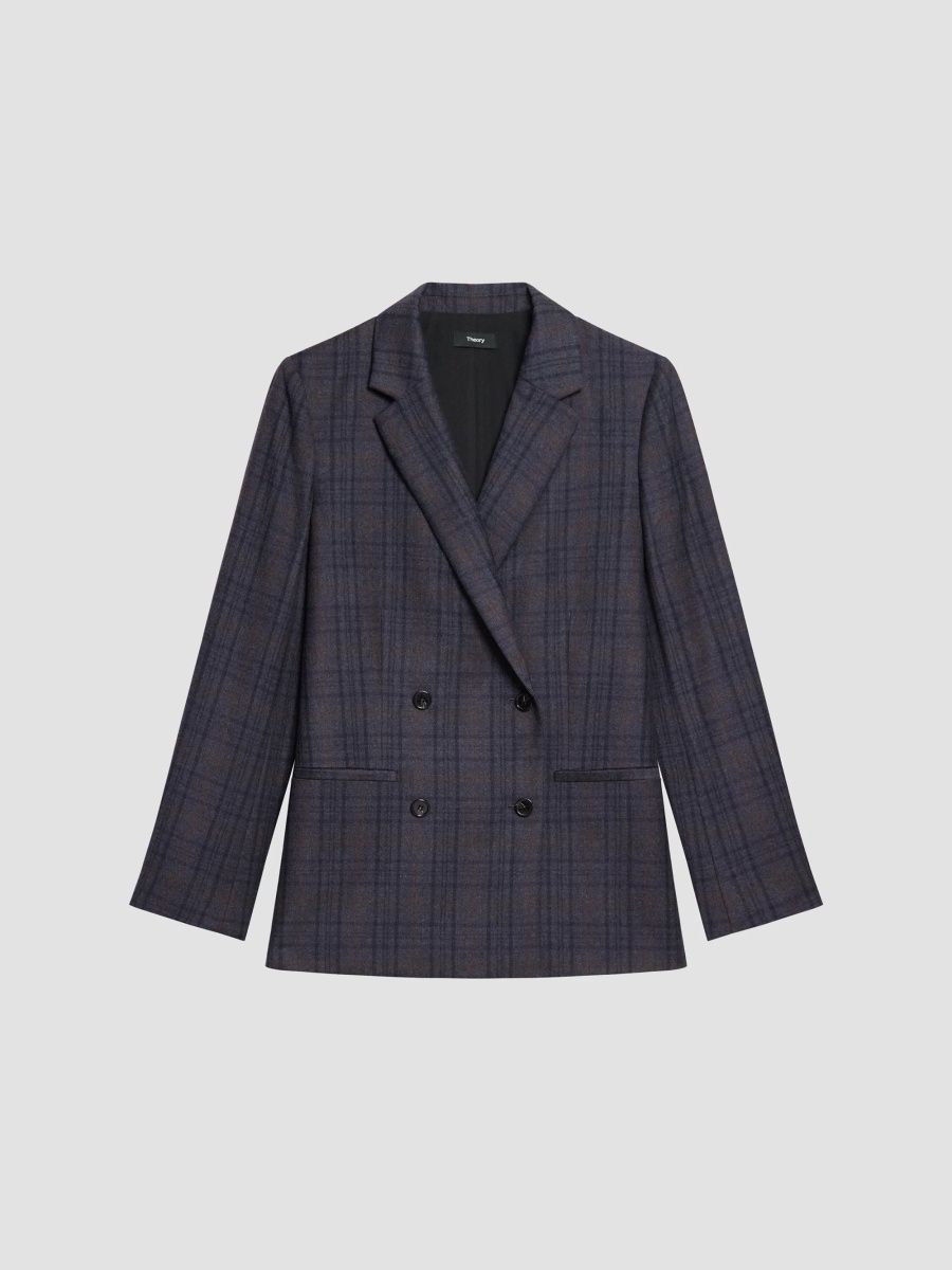Theory Women's Plaid Relaxed-Fit Double-Breasted Jacket - Charcoal Multi - Size 14