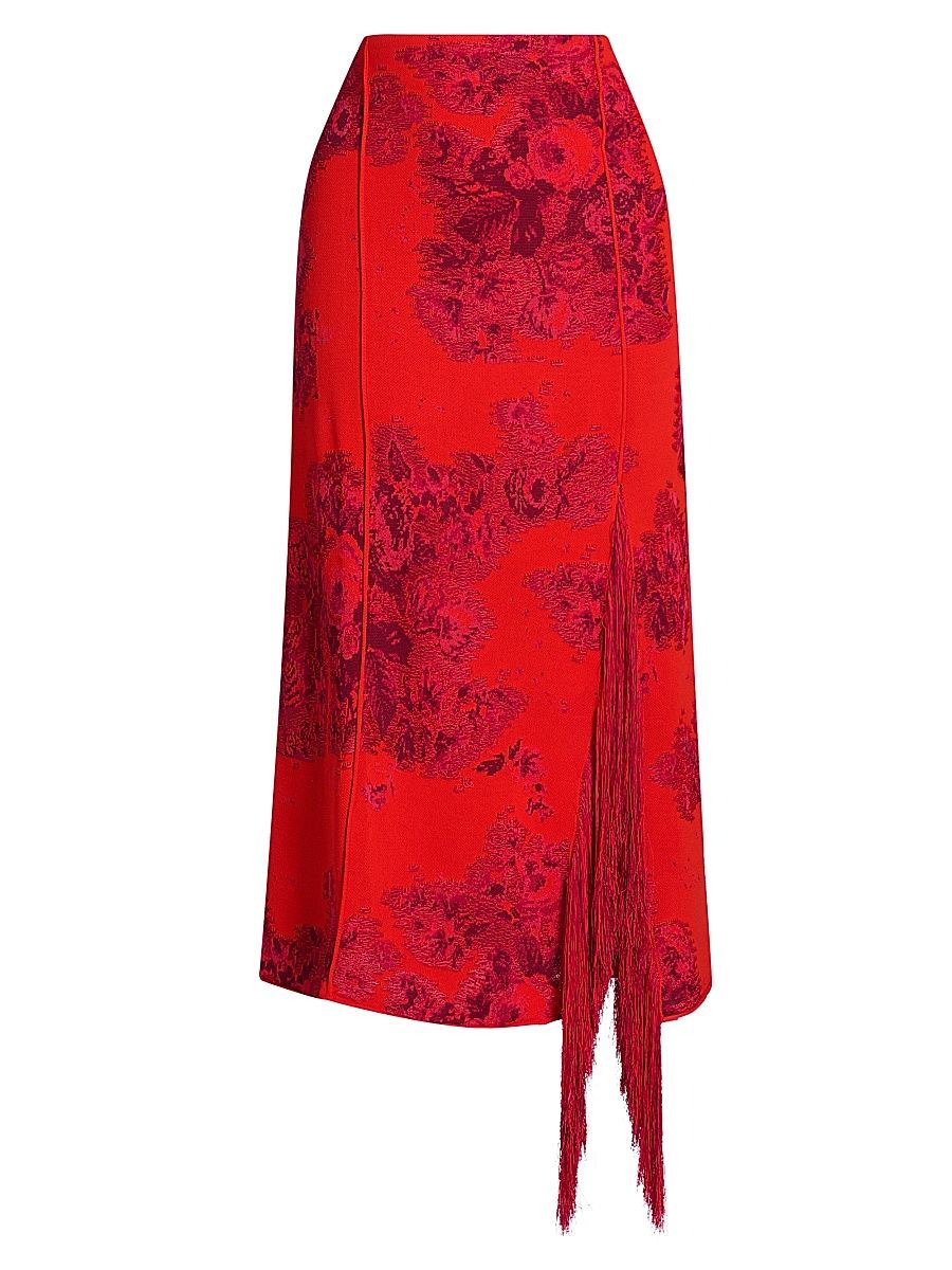 Women's French Floral Frayed Jacquard Midi-Skirt - Tulip Red - Size Large