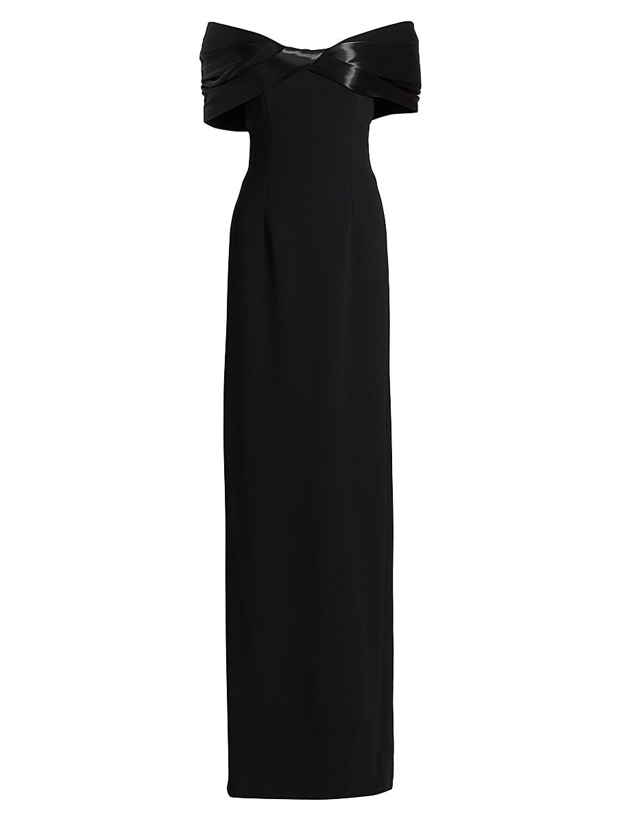 Women's Satin Crepe Off-the-Shoulder Column Gown - Black Black - Size 12