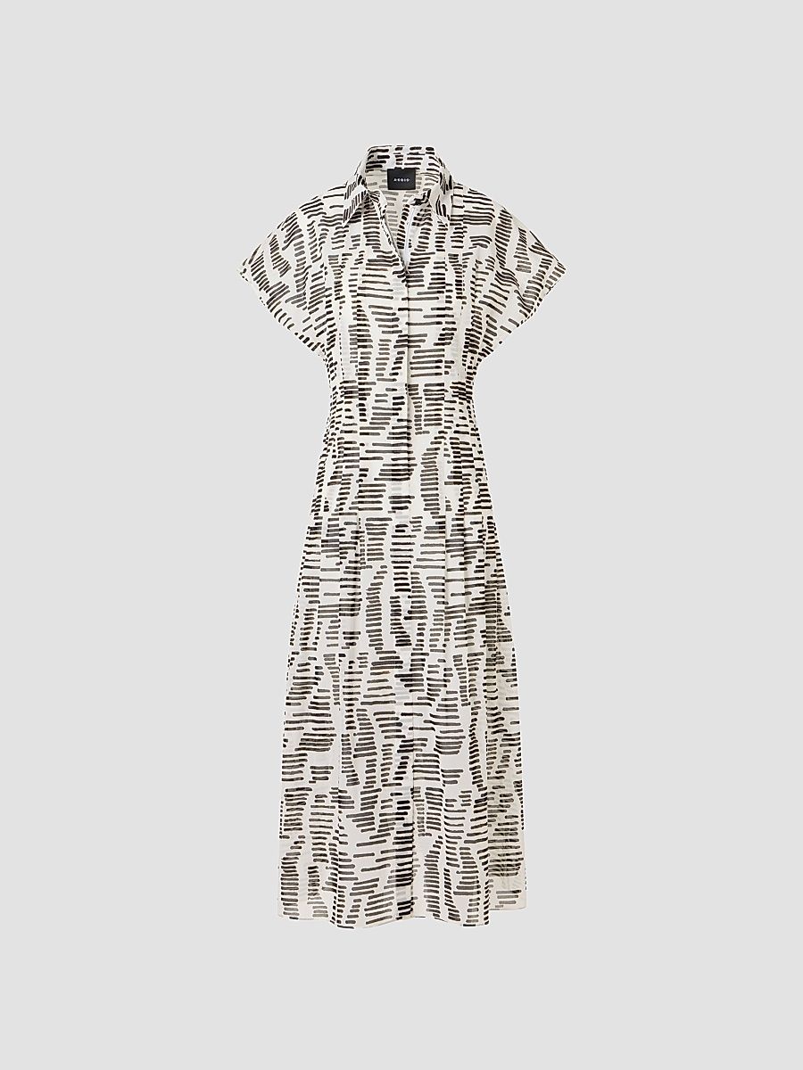 Women's Printed Cotton Midi Shirtdress - Ecru Black - Size 14