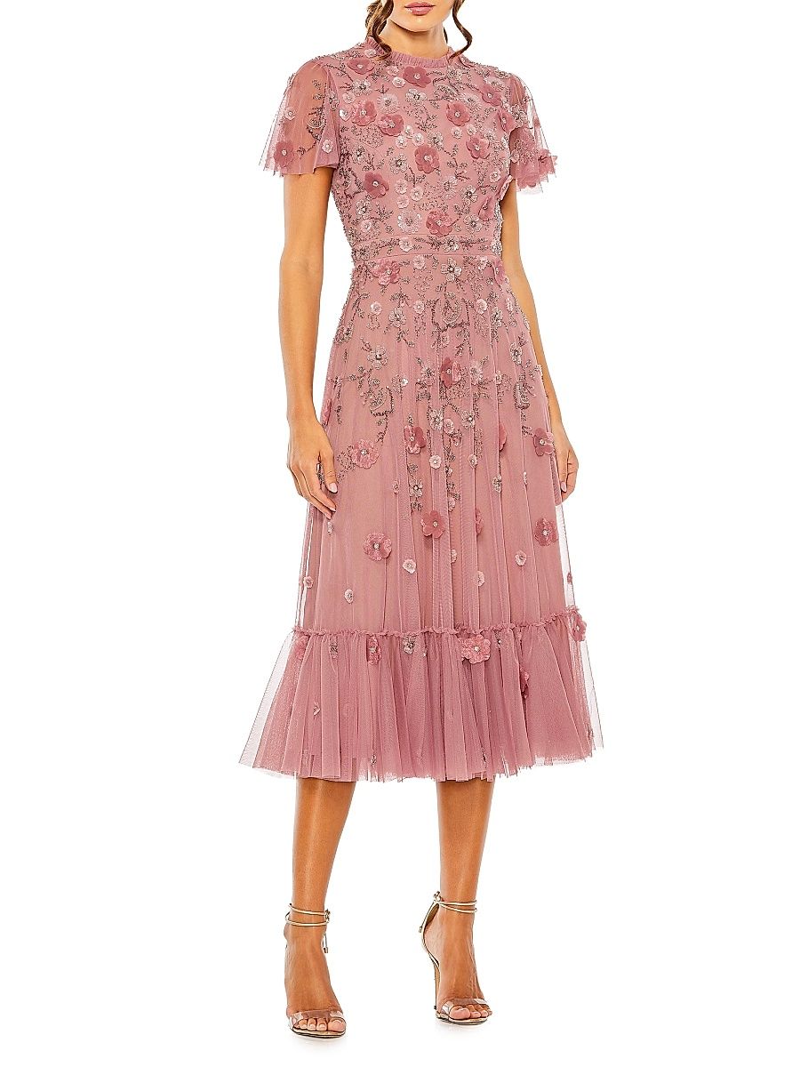 Women's Embellished Tulle A-Line Midi-Dress - Berry - Size 16