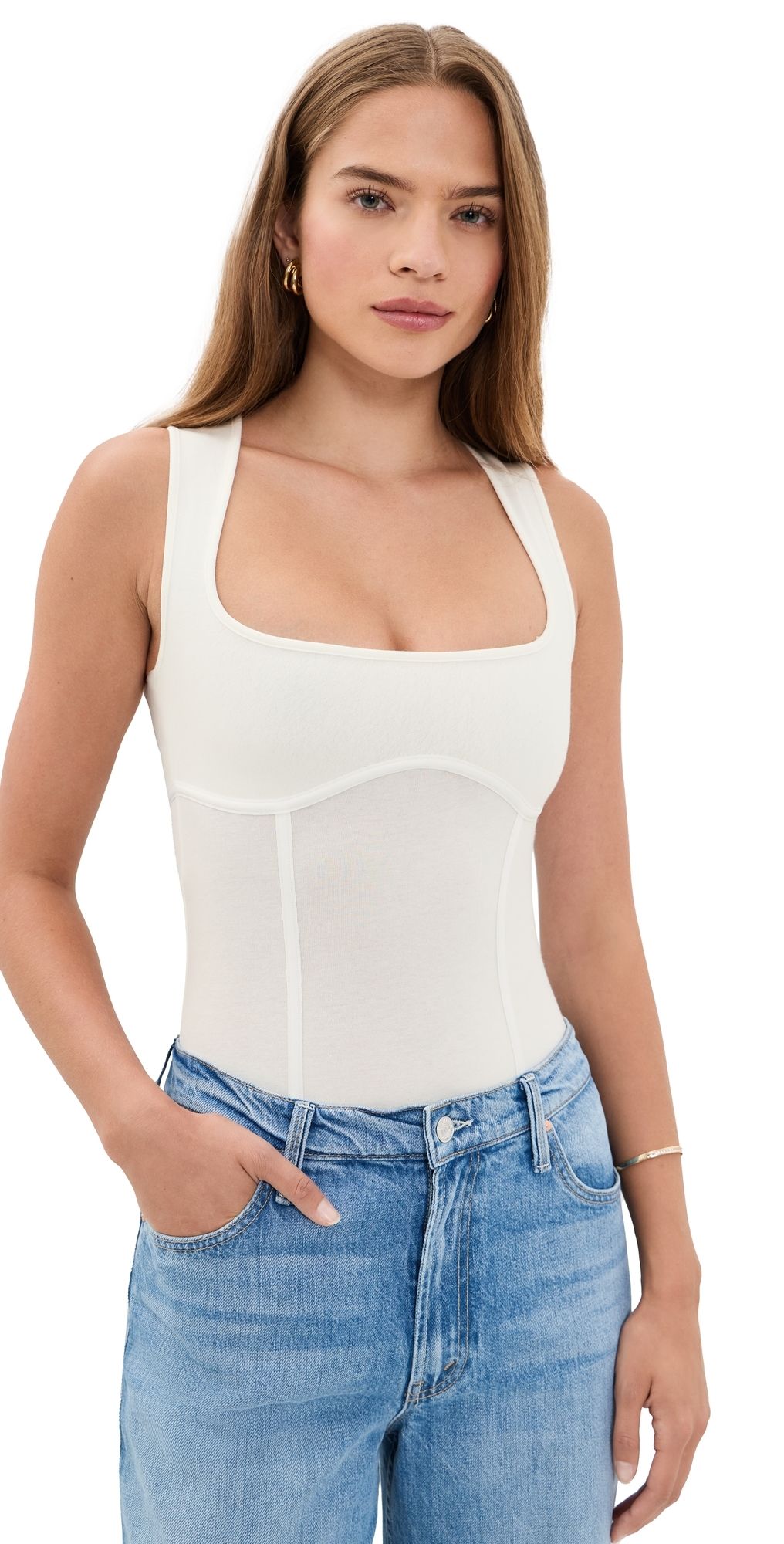 Fleur du Mal Cotton Scoop Neck Thong Bodysuit Ivory XS