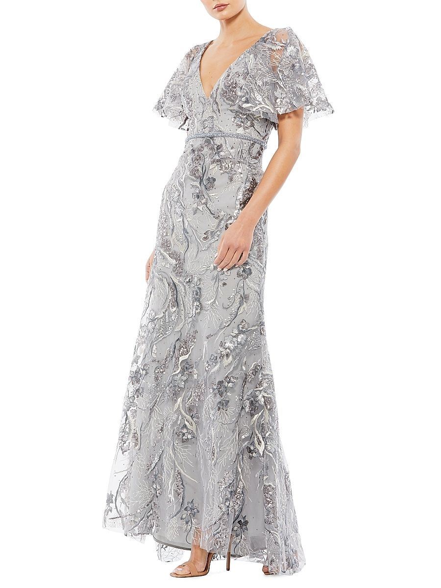 Women's Beaded Mesh Trumpet Gown - Platinum - Size 2