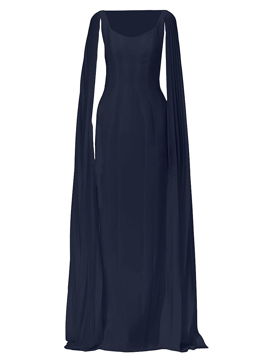 Women's Crepe Pleated Cape-Sleeve Maxi Dress - Navy - Size 12