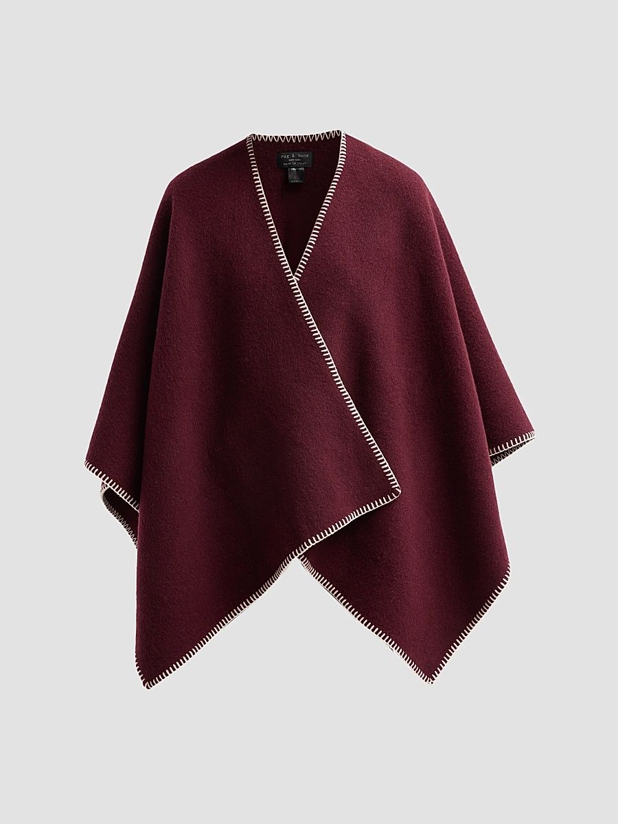 rag & bone Women's Ingrid Blanket-Stitched Wool Poncho - Burgundy