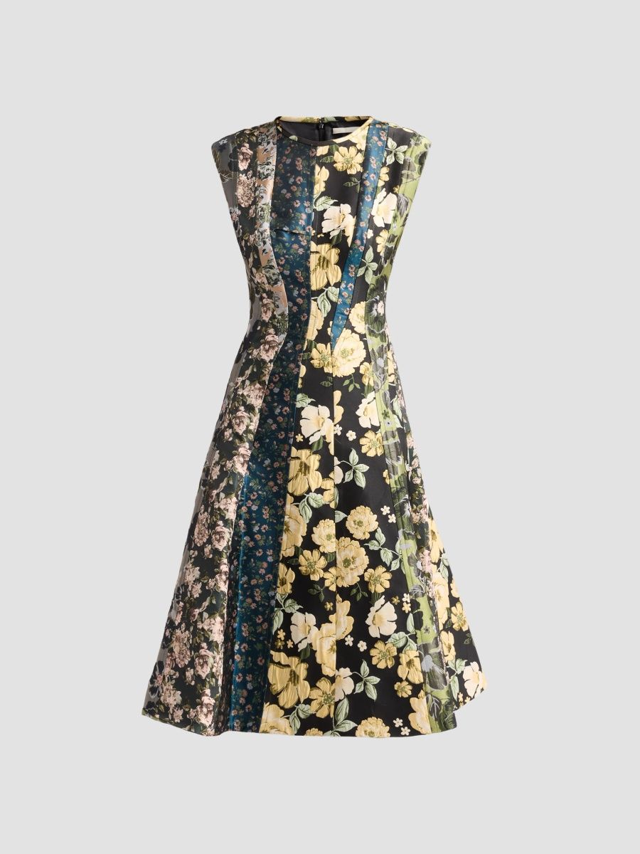 Jason Wu Collection Women's Mixed Floral Jacquard Paneled Midi Dress - Black Yellow Multi - Size 14