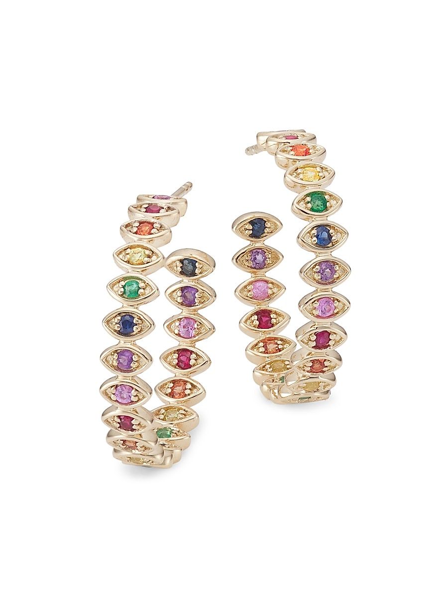 Women's 14K Yellow Gold & Rainbow Stone Medium Evil Eye Hoops