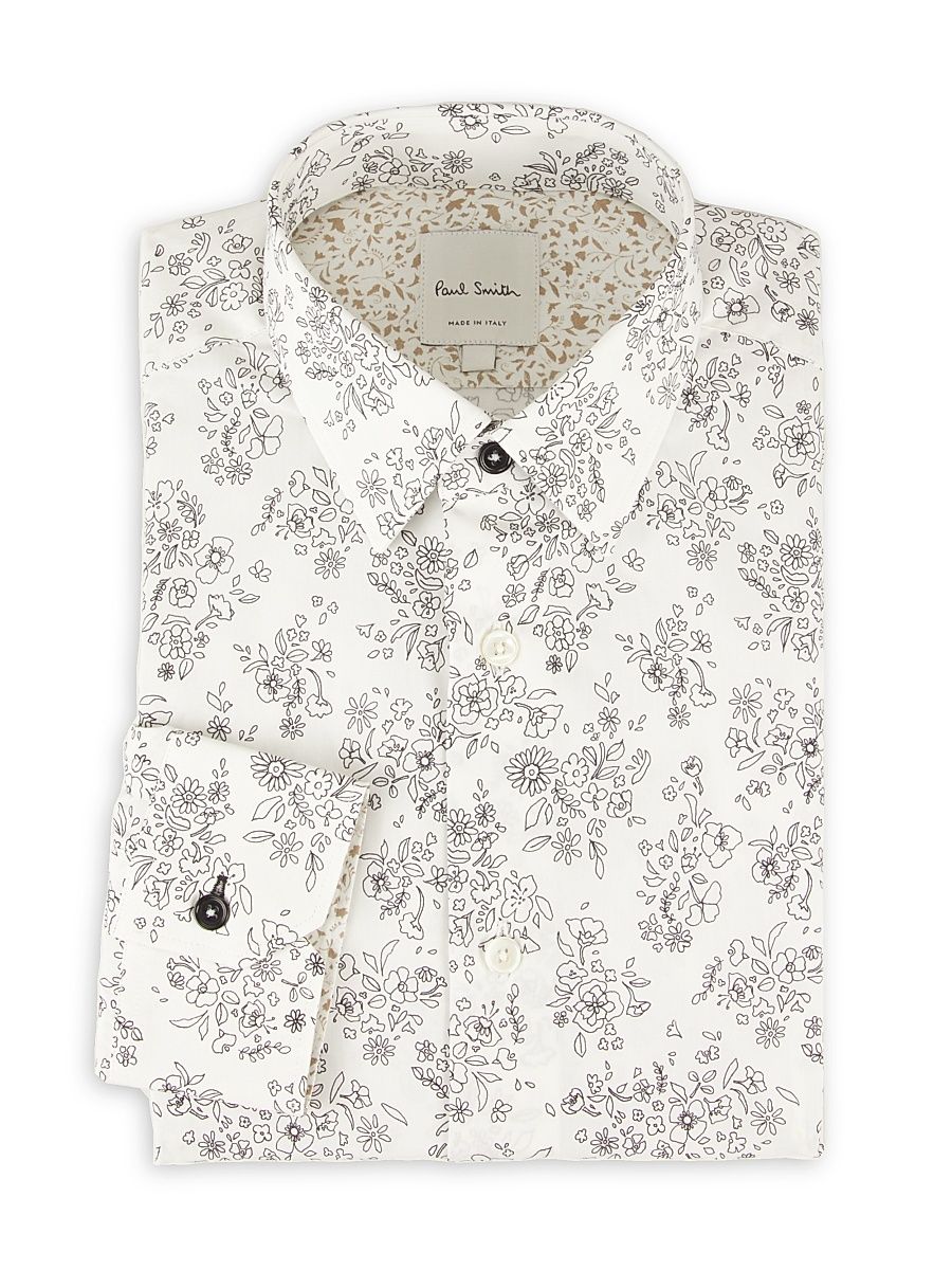 Men's Floral Cotton Tailored Shirt - White - Size 17