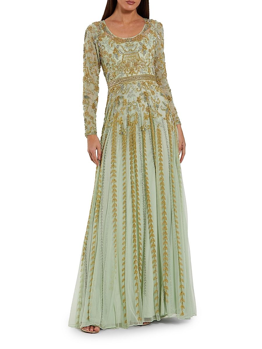 Women's Evening Beaded Mesh Gown - Light Sage - Size 18