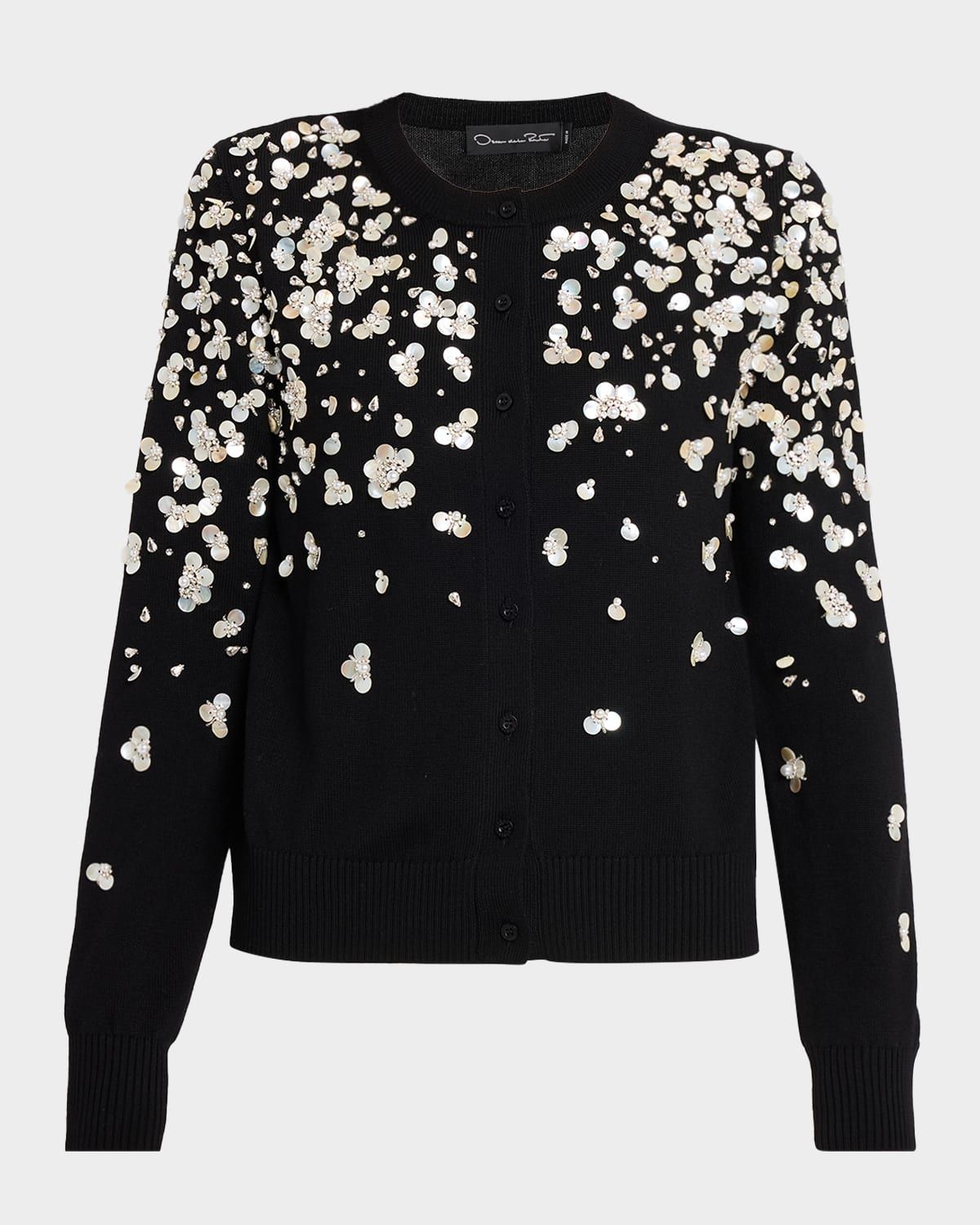 Pearly Embroidered Wool Crewneck Cardigan
