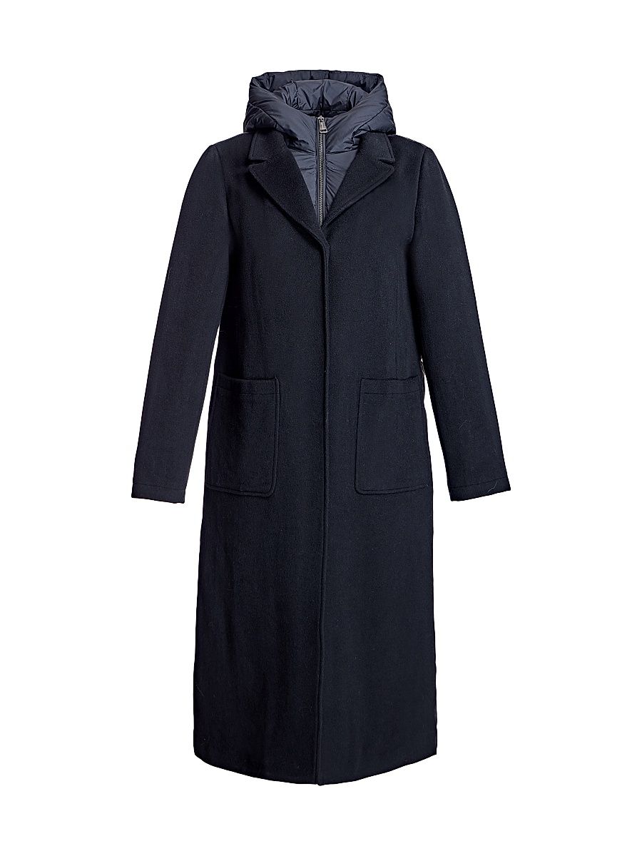 Women's Long Wool Blend Hooded Puffer - Black - Size Medium