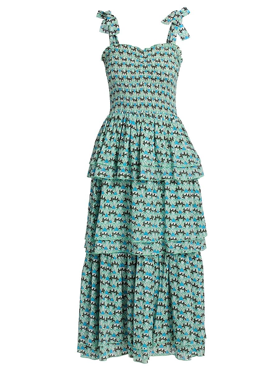Women's Spencer Printed Cotton Smocked Tiered Dress - Blue Zen - Size XL