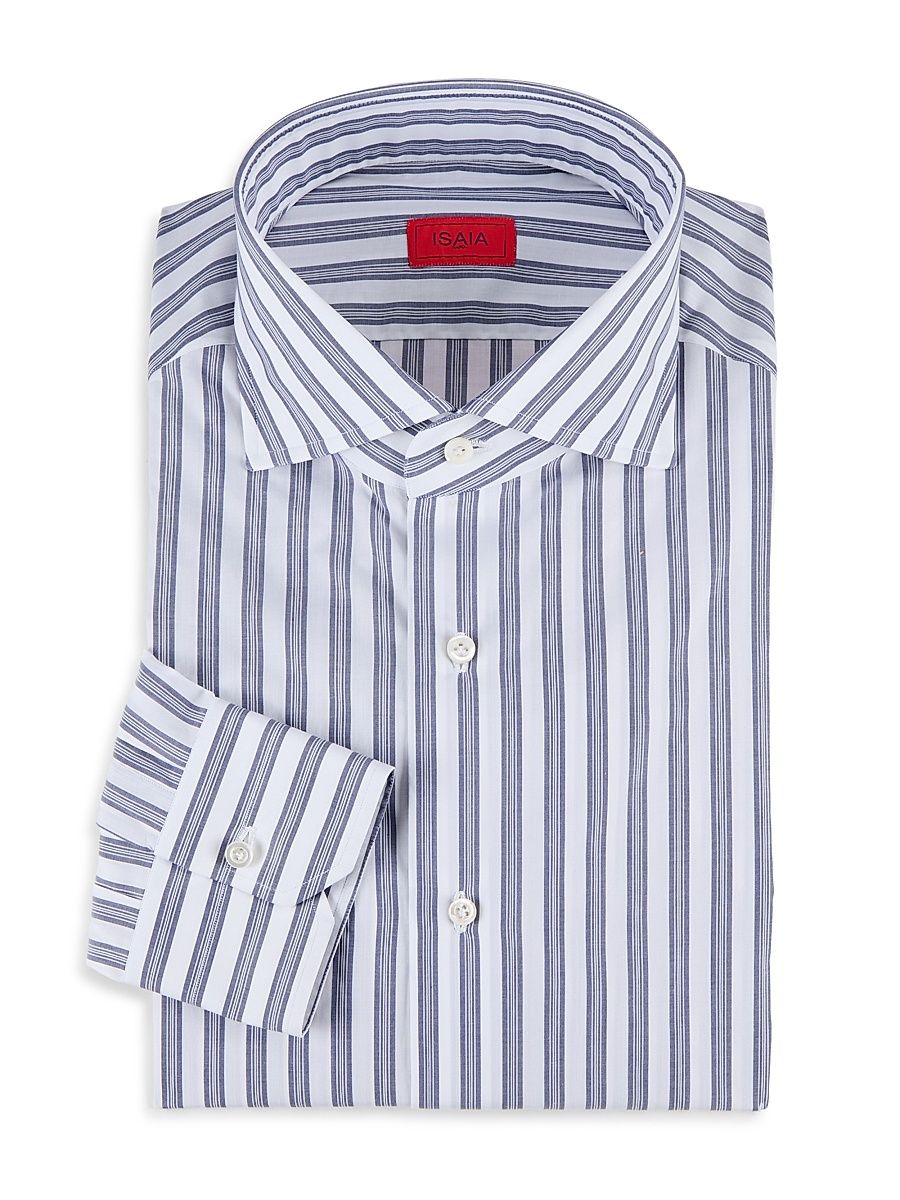 Men's Classic Striped Italian Button-Front Shirt - White Blue - Size 17.5