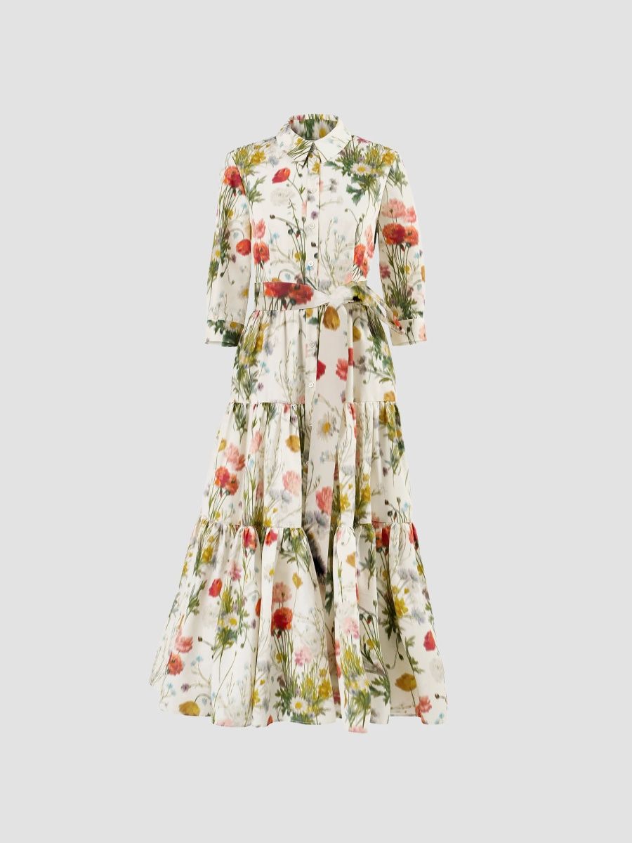 Carolina Herrera Women's Floral Cotton-Silk Self-Belt Midi Shirtdress - Pearl Multi - Size 16
