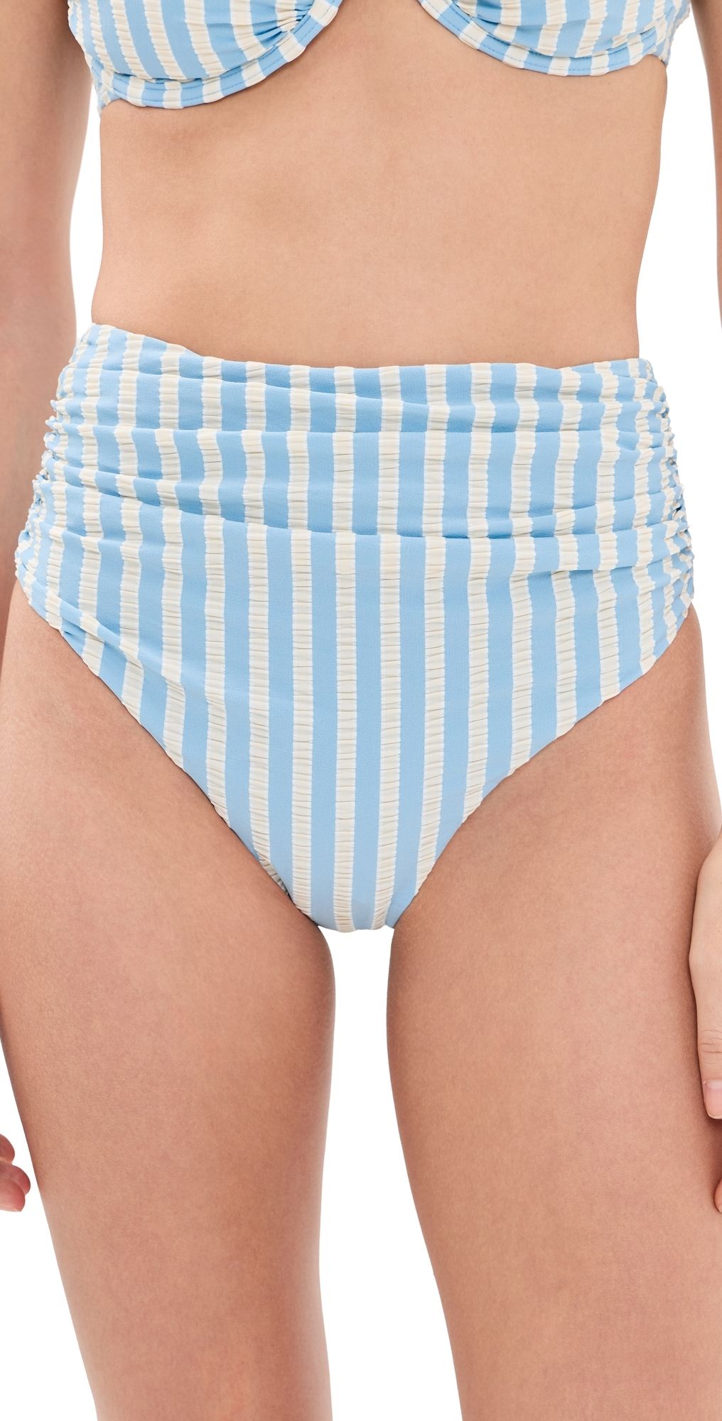 SIMKHAI Teya High Waisted Ruched Bikini Bottoms Hydrangea Blue Stripe M