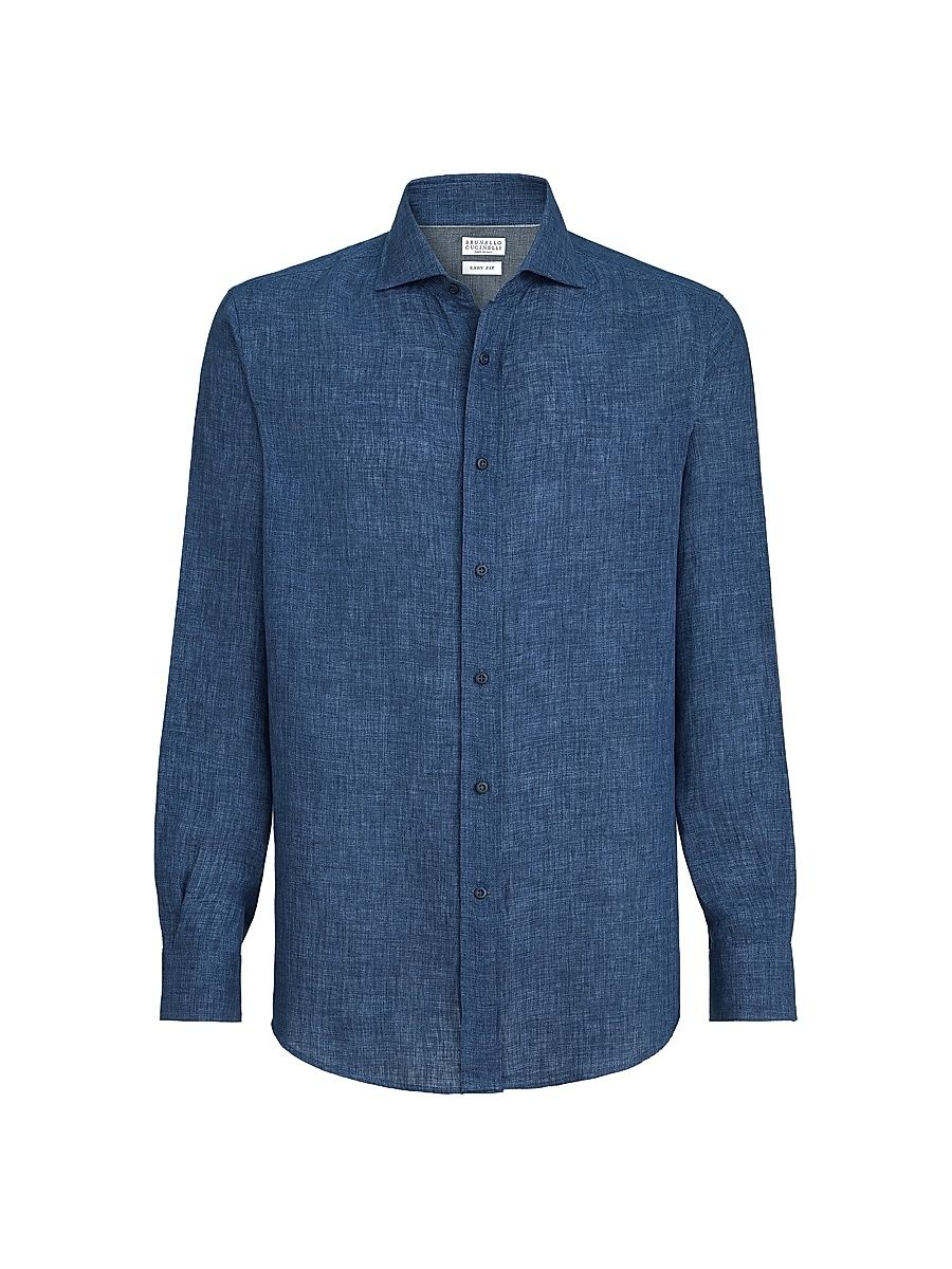 Men's Délavé Linen Easy Fit Shirt with Spread Collar - Navy Blue - Size XXXL