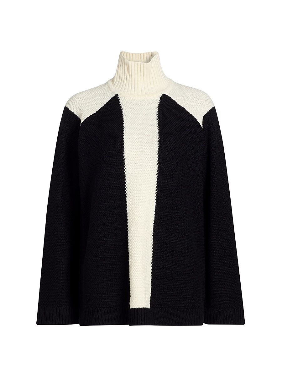 Women's Colorblocked Wool Turtleneck Sweater - Black White - Size XL