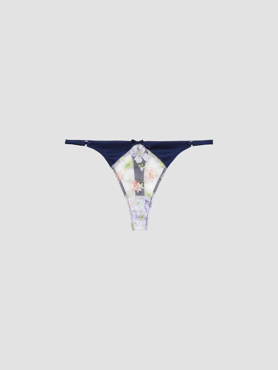 Fleur du Mal Women's Elara Embroidered Silk-Blend Thong - Midnight Navy - Size XL