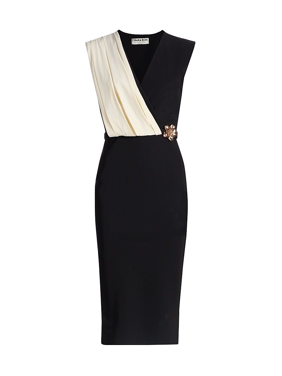 Women's Kalil Flower Brooch Two-Tone Belted Cocktail Dress - Black Cream - Size 2